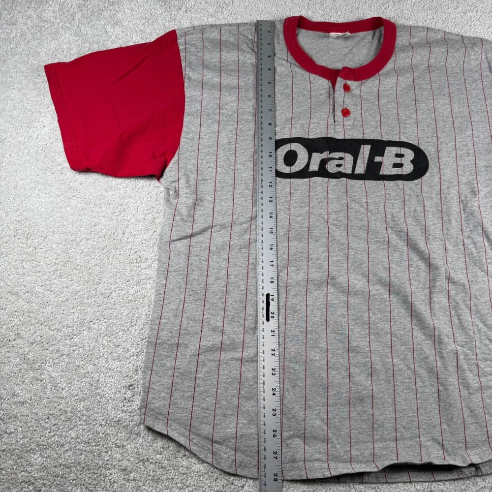 Vtg Oral-B Company Softball Jersey Henley Shirt Mens XL Gray Red Pinstripe Stain - Picture 4 of 16
